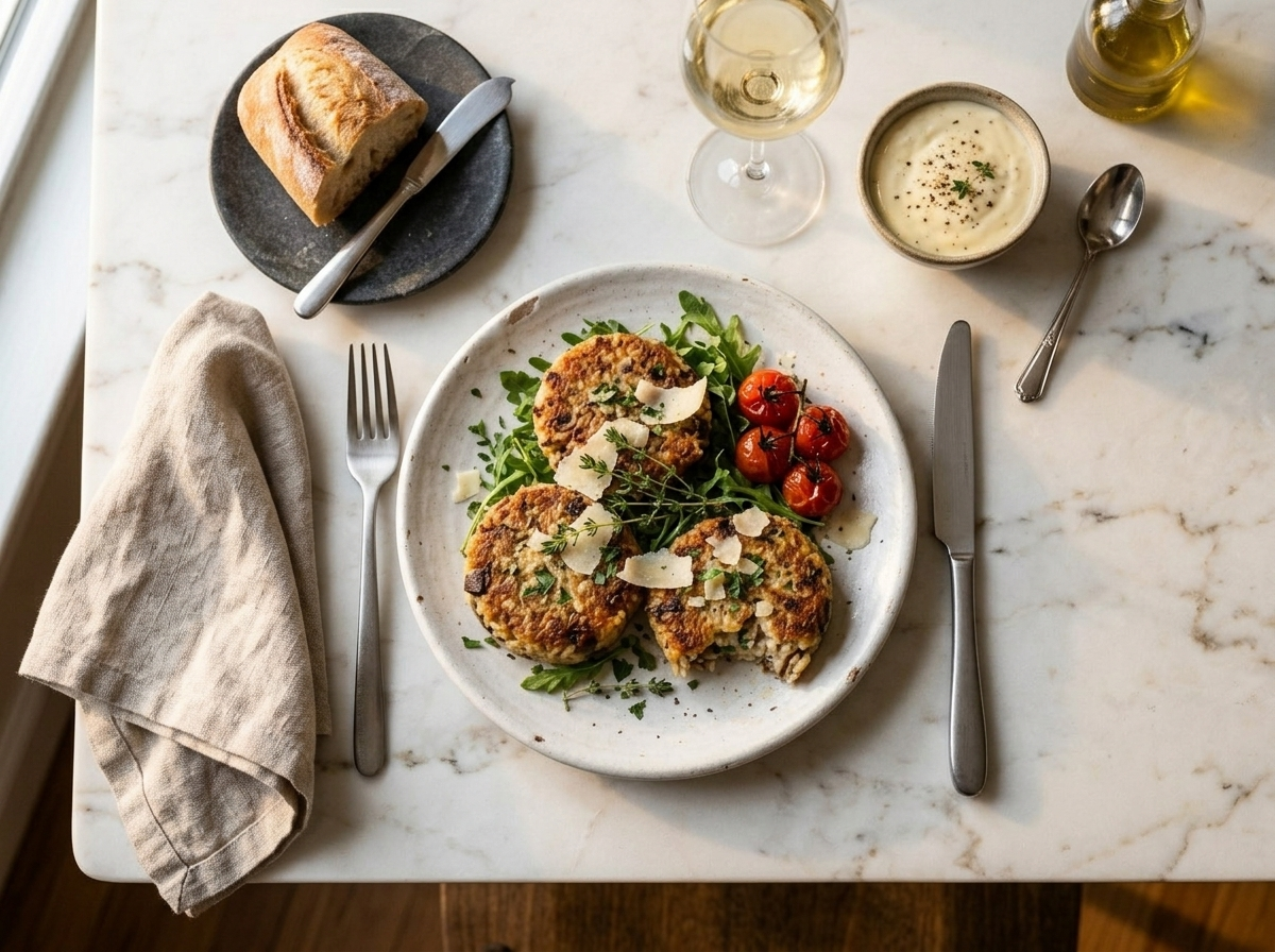 Two mushroom risotto cakes plated on arugula with cherry tomatoes and a glass of white wine on a marble table