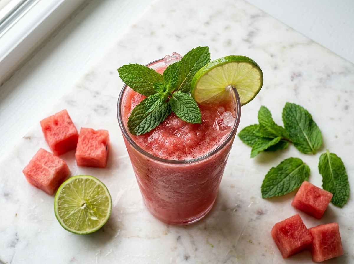 Tall glass of watermelon mint electrolyte smoothie with mint garnish and lime wheel on white marble surface