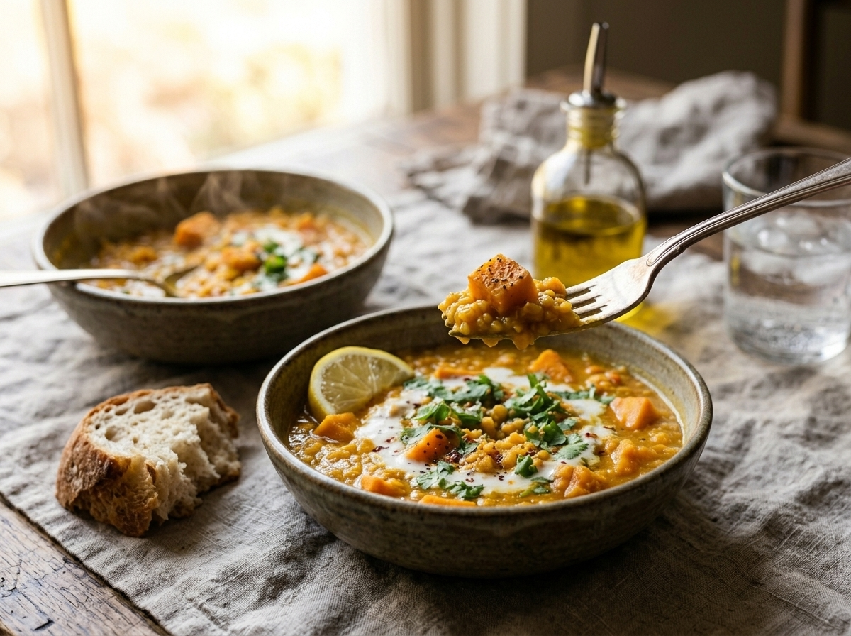 Two bowls of red lentil and sweet potato stew served with sourdough bread on a linen-covered wooden table