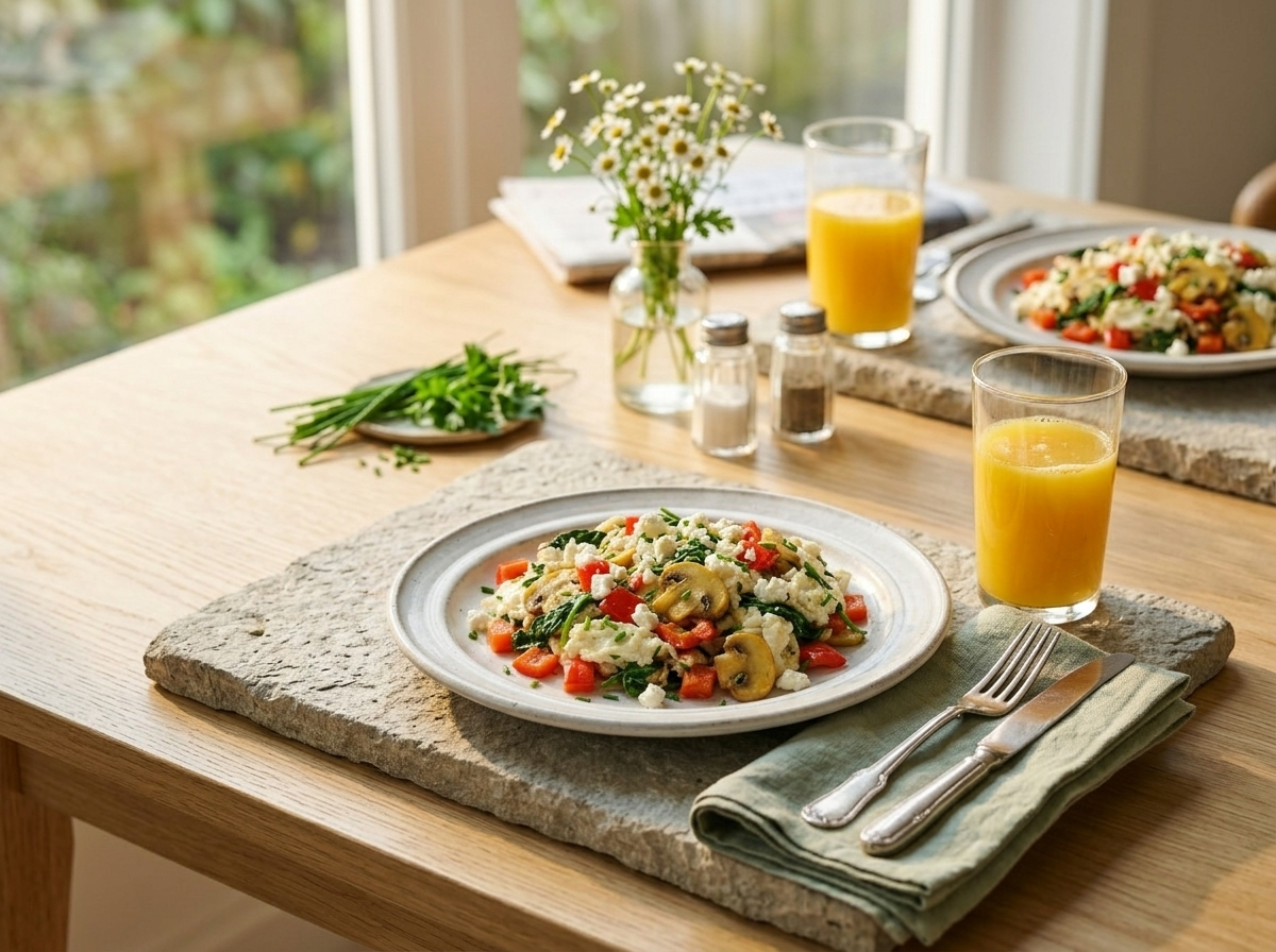 Two plates of skinny egg white veggie scramble on a breakfast table with orange juice and fresh herbs