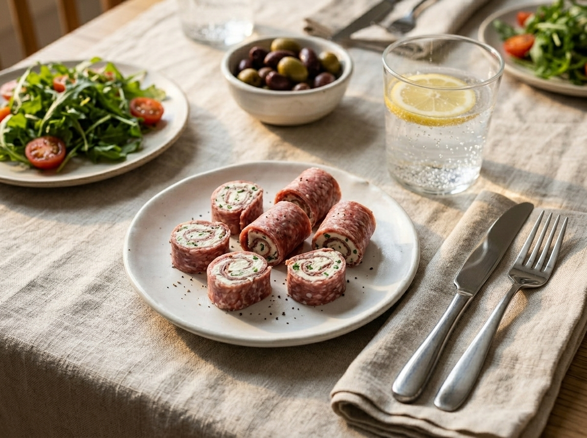 Sliced salami cream cheese roll-ups on a white plate with olives and sparkling water on a linen tablecloth