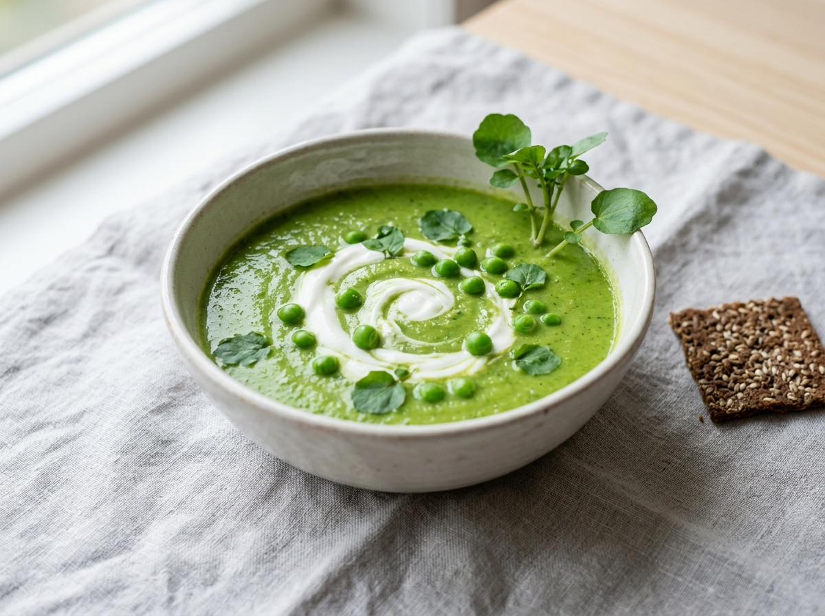White ceramic bowl of bright green watercress and pea soup topped with yogurt swirl and whole peas on grey linen