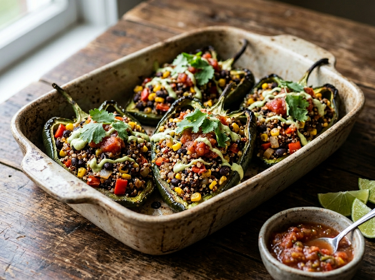 Vegan Stuffed Poblano Peppers with Black Bean and Quinoa Filling