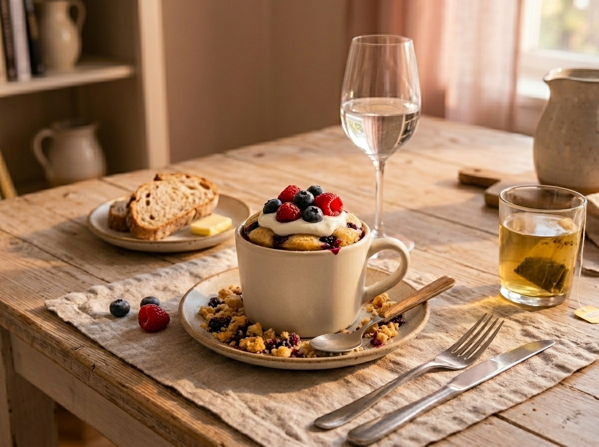 Warm vanilla berry mug cake served with a spoonful of Greek yogurt and fresh raspberries on a linen napkin