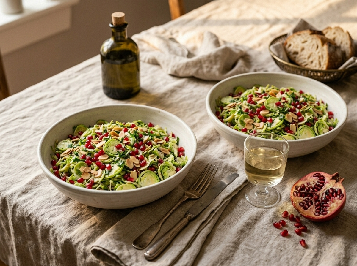 Two bowls of Brussels sprout and pomegranate salad on a linen table with a glass of white wine alongside