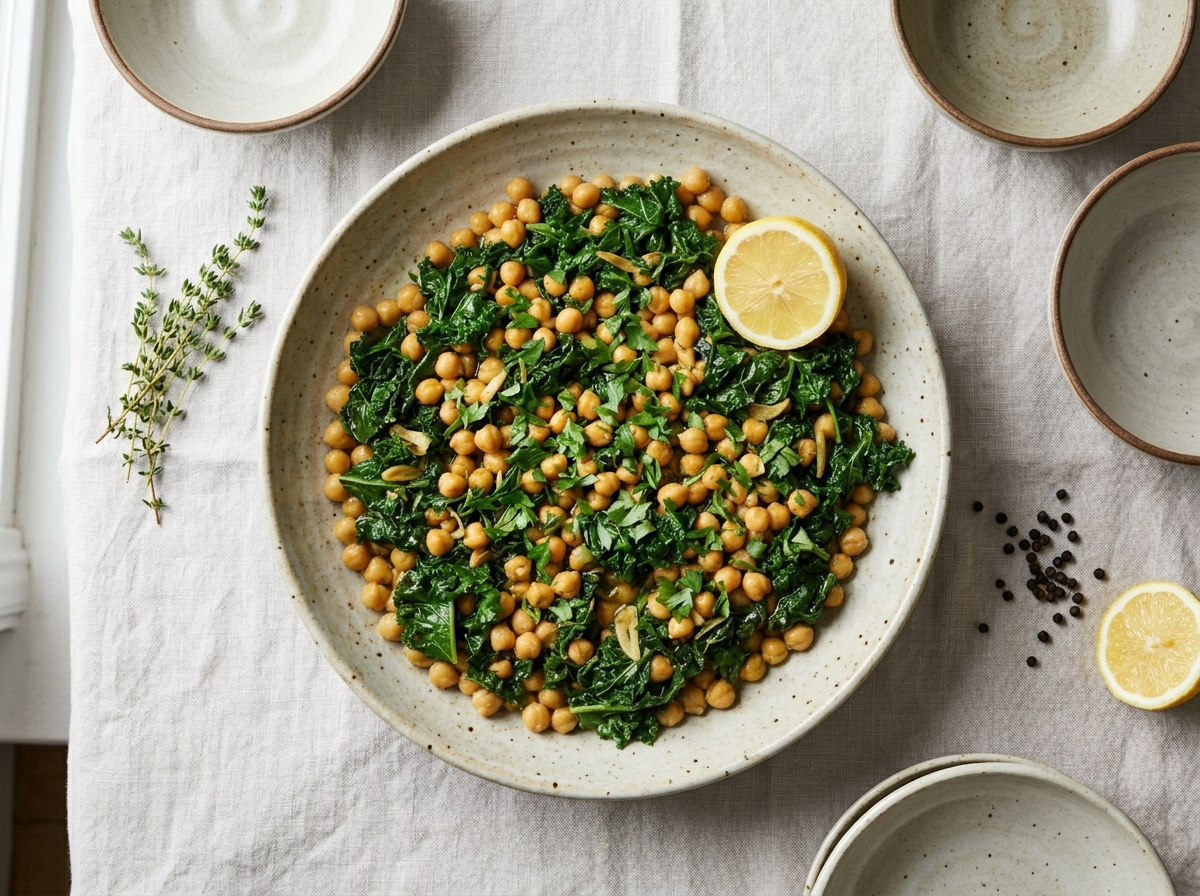 Olive Oil Braised Chickpeas and Greens