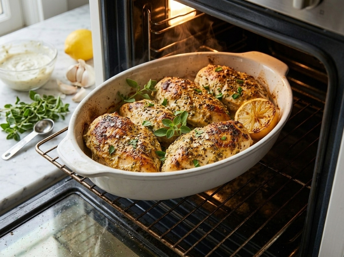 Greek yogurt-coated chicken breasts baking in the oven with the coating turning golden and matte at the edges