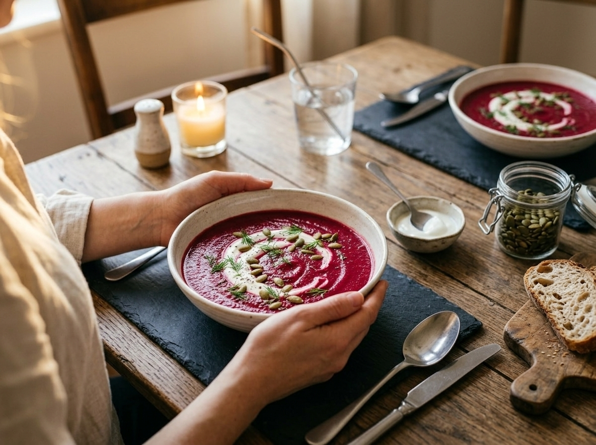 Two bowls of vibrant roasted beet soup held at a wooden table with sourdough bread and a jar of pumpkin seeds nearby