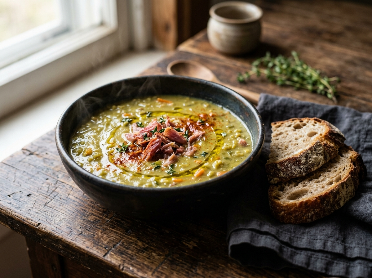 Bowl of thick smoky split pea soup with shredded ham, olive oil drizzle, and smoked paprika on a wooden table
