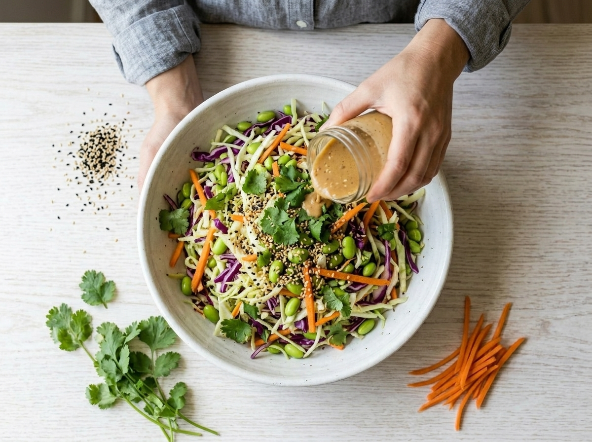 Sesame dressing being poured over shredded green and red cabbage, carrots, and edamame in a mixing bowl