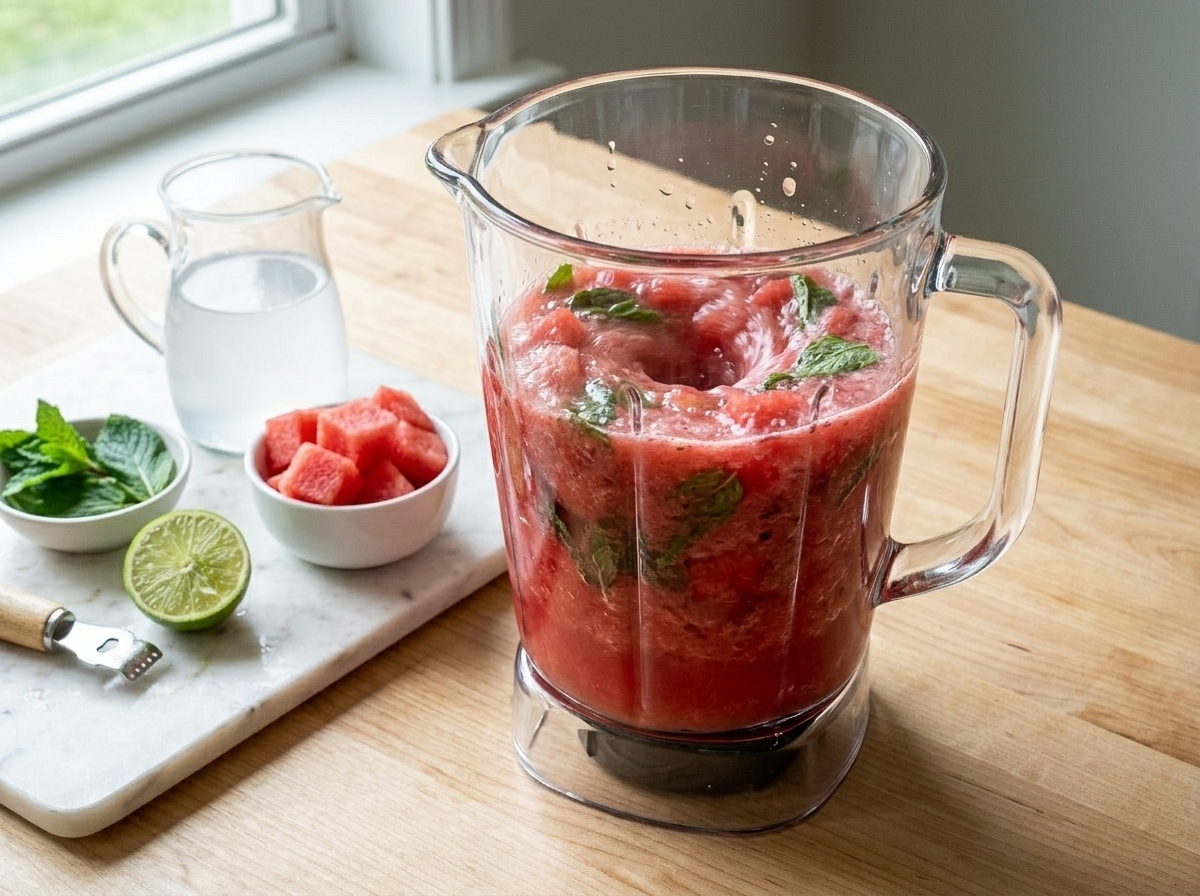 Frozen watermelon chunks and mint leaves blending in a clear blender jar on a wooden kitchen counter