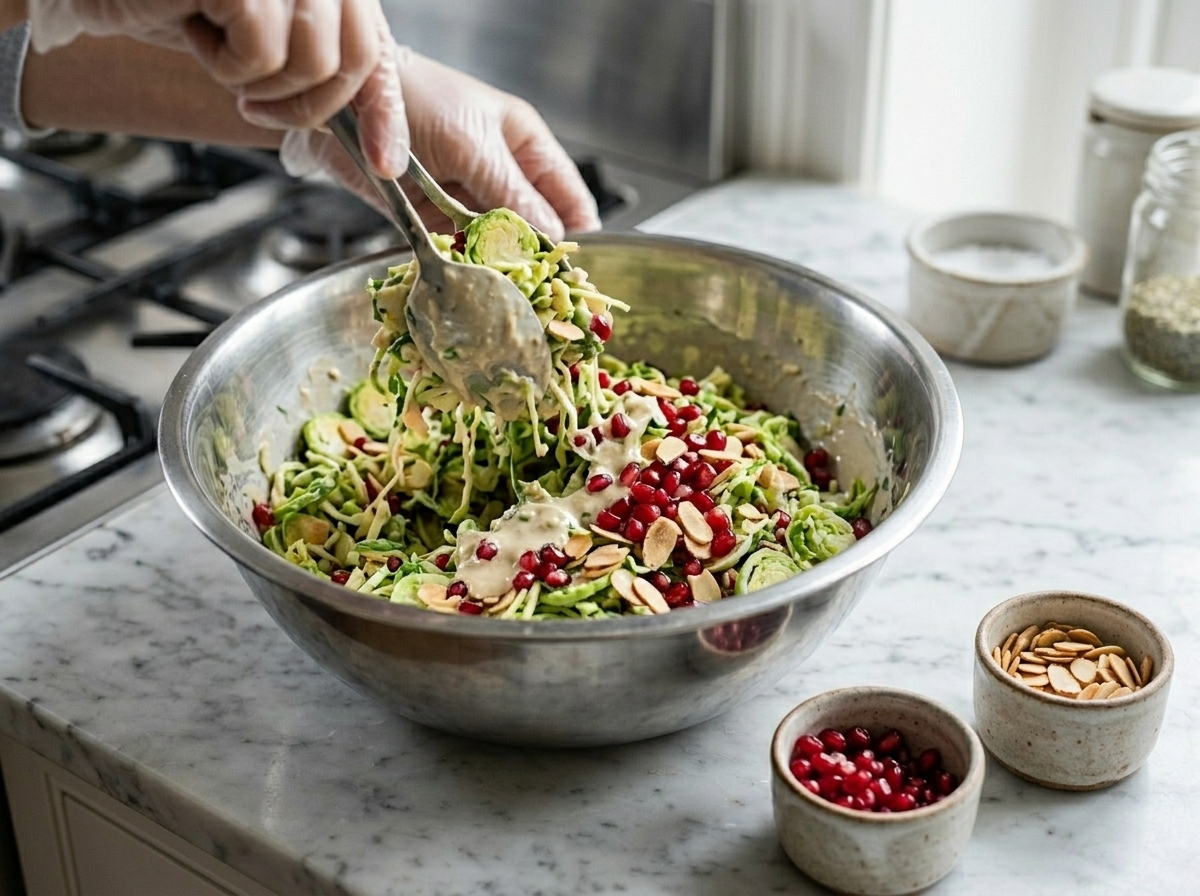 Hands tossing shaved Brussels sprouts in tahini dressing with pomegranate seeds and almonds ready to add