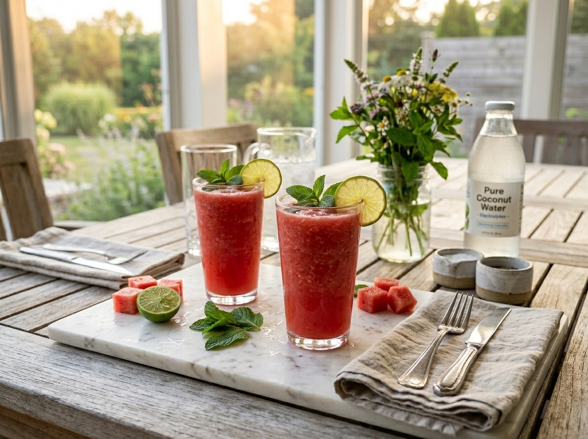 Two glasses of pink watermelon mint smoothie with coconut water bottle and fresh mint on an outdoor wooden table
