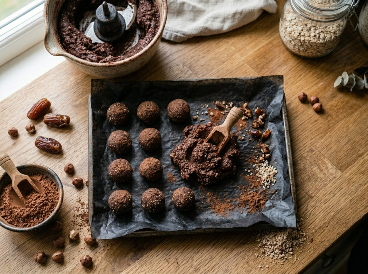 Hands rolling cacao hazelnut bliss ball mixture into a round shape above a lined tray of formed balls