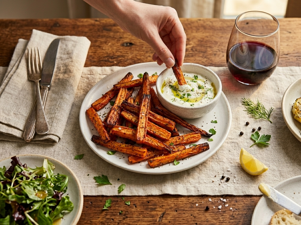Hand dipping a crispy roasted carrot fry into a creamy yogurt dip on a wooden board with lemon and herbs