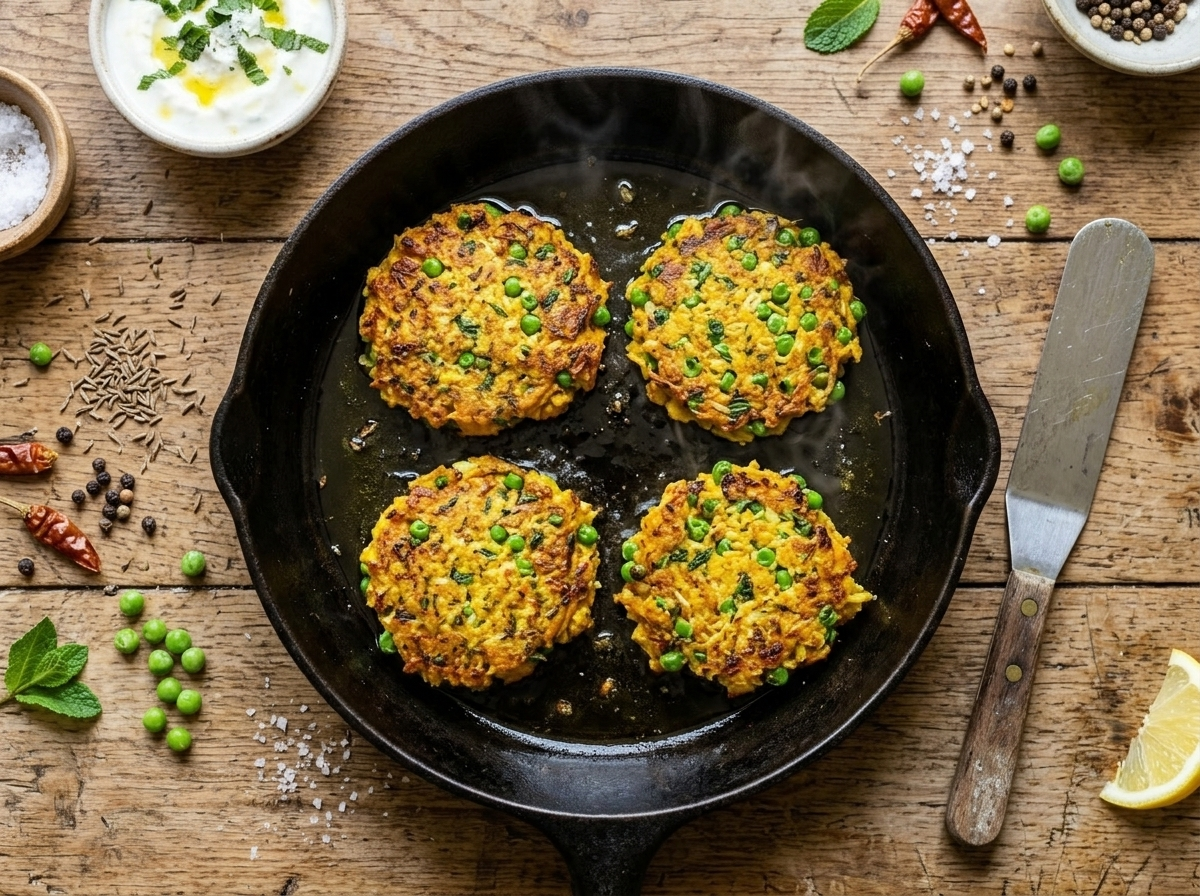 Turmeric cauliflower fritters frying in a nonstick skillet with golden crispy edges forming