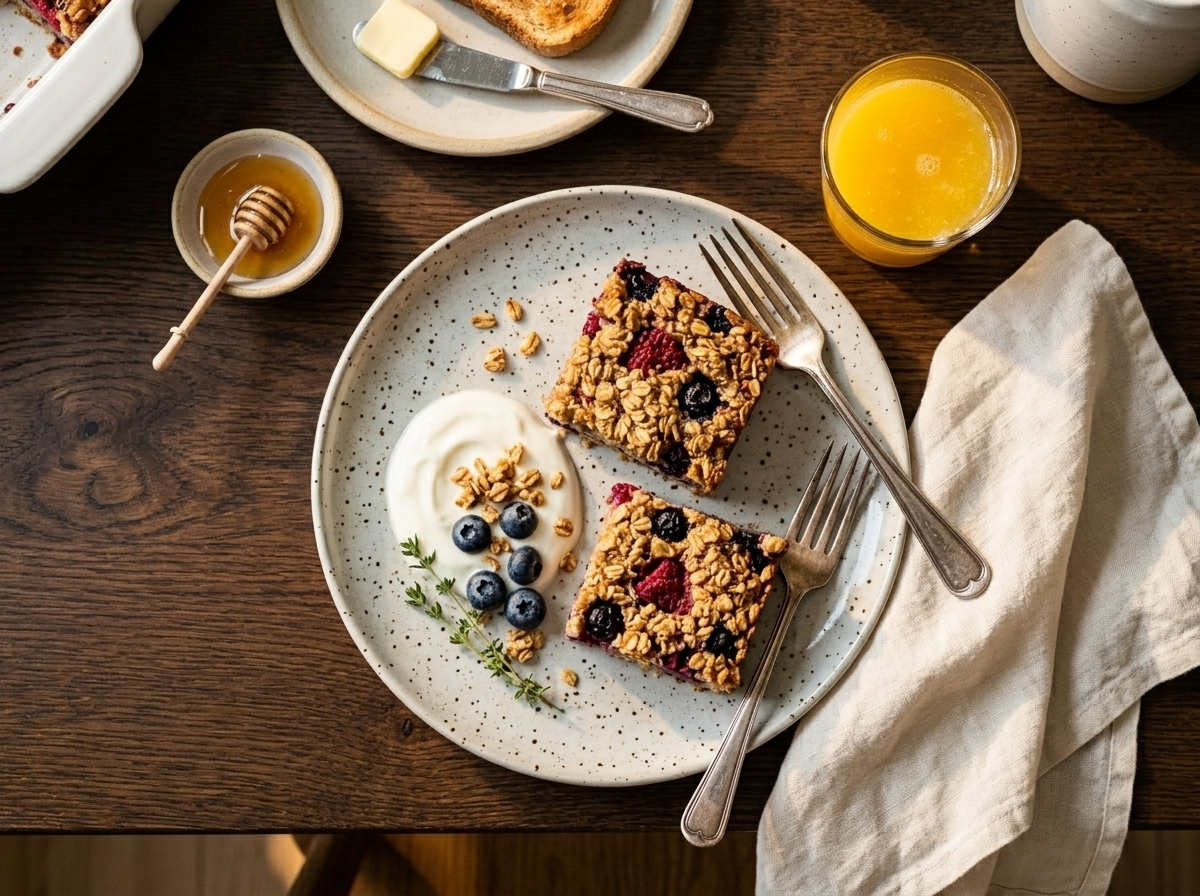 Two squares of baked oatmeal on a speckled plate with Greek yogurt, fresh blueberries, and a glass of orange juice