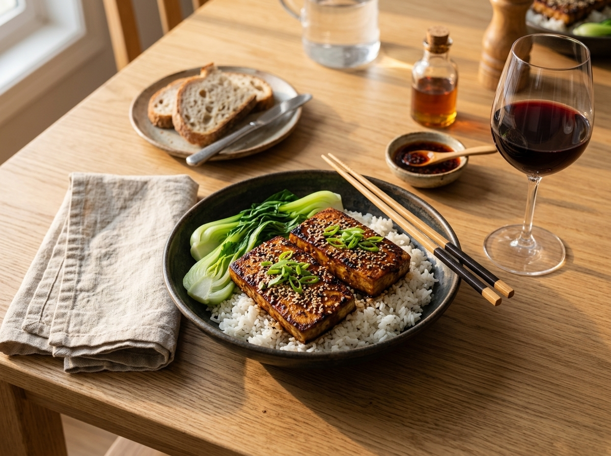 Sesame soy tofu steaks served over jasmine rice and bok choy in a bowl on a wood table