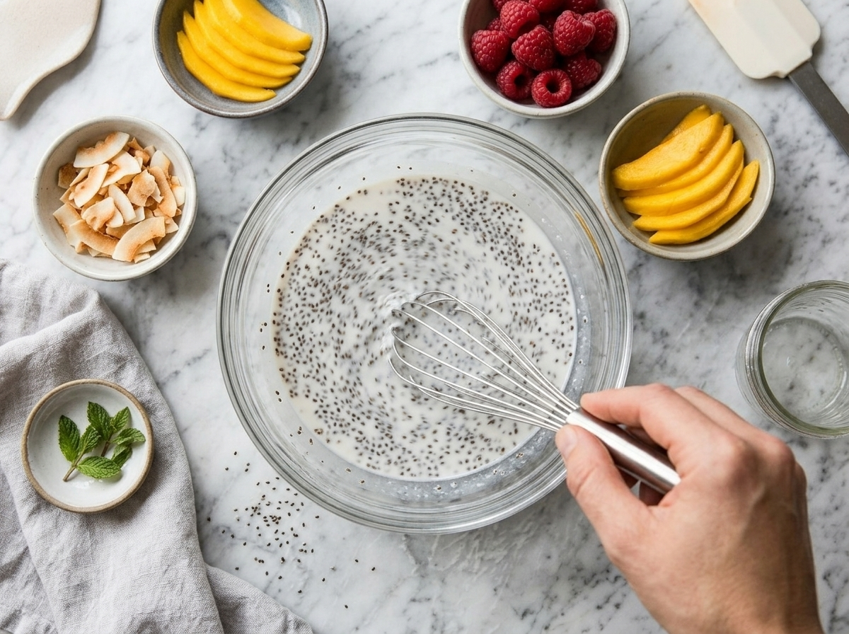 Whisking chia seeds into canned coconut milk in a glass bowl to make overnight pudding