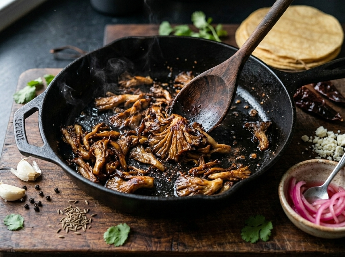 Shredded oyster mushrooms crisping in a cast iron skillet with caramelized edges and rising steam