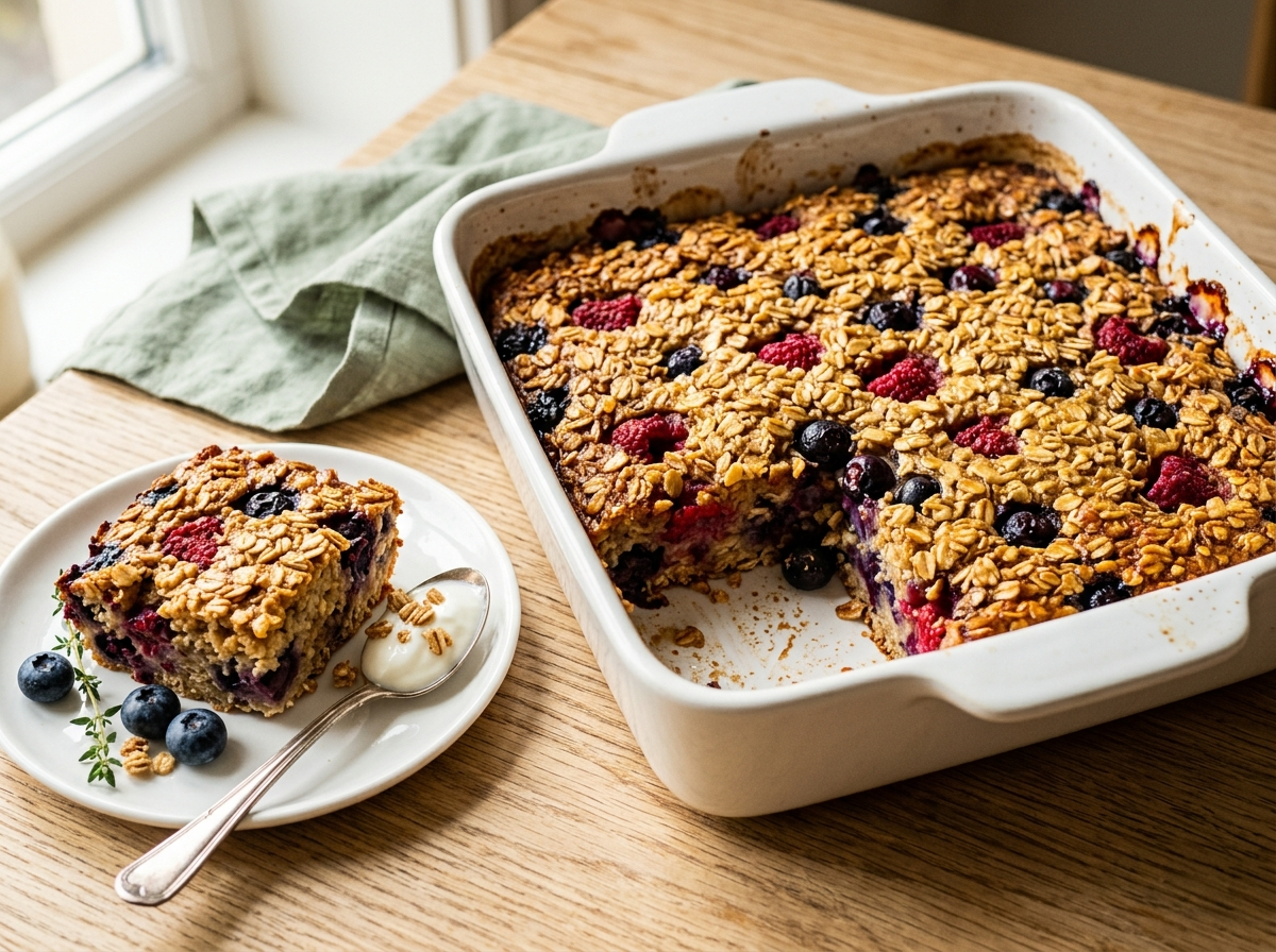 Oat and berry breakfast bake in a white baking dish with golden crust and bubbling blueberries, one square cut out