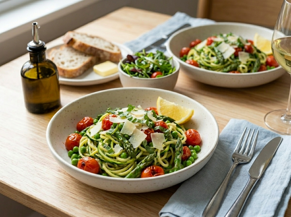 Two bowls of zucchini noodle primavera on a wood table with olive oil, lemon wedge, and glass of white wine