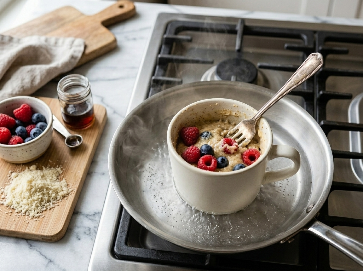 Fork stirring almond flour vanilla batter in a white mug with fresh mixed berries ready to fold in