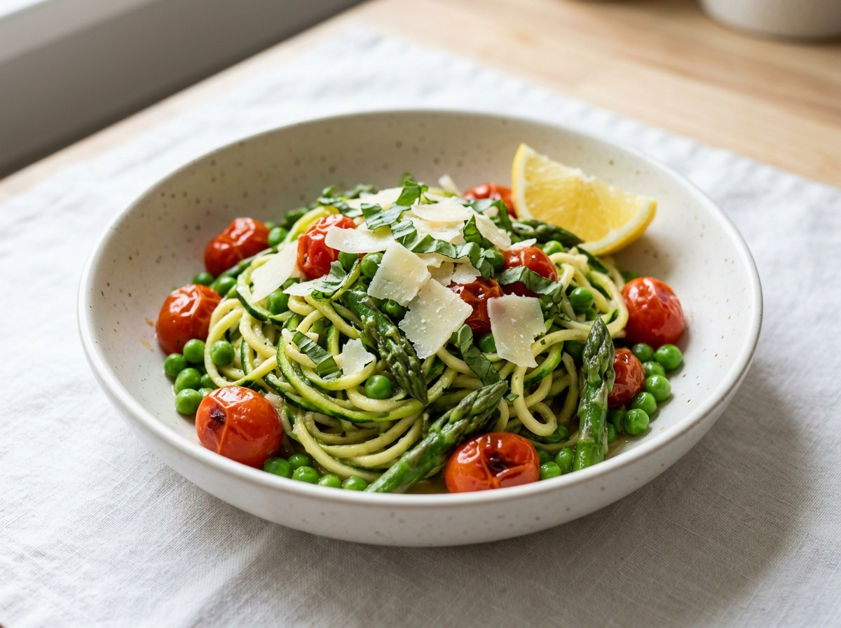Bowl of low-cal zucchini noodle primavera with cherry tomatoes, asparagus, peas, basil, and Parmesan on white linen