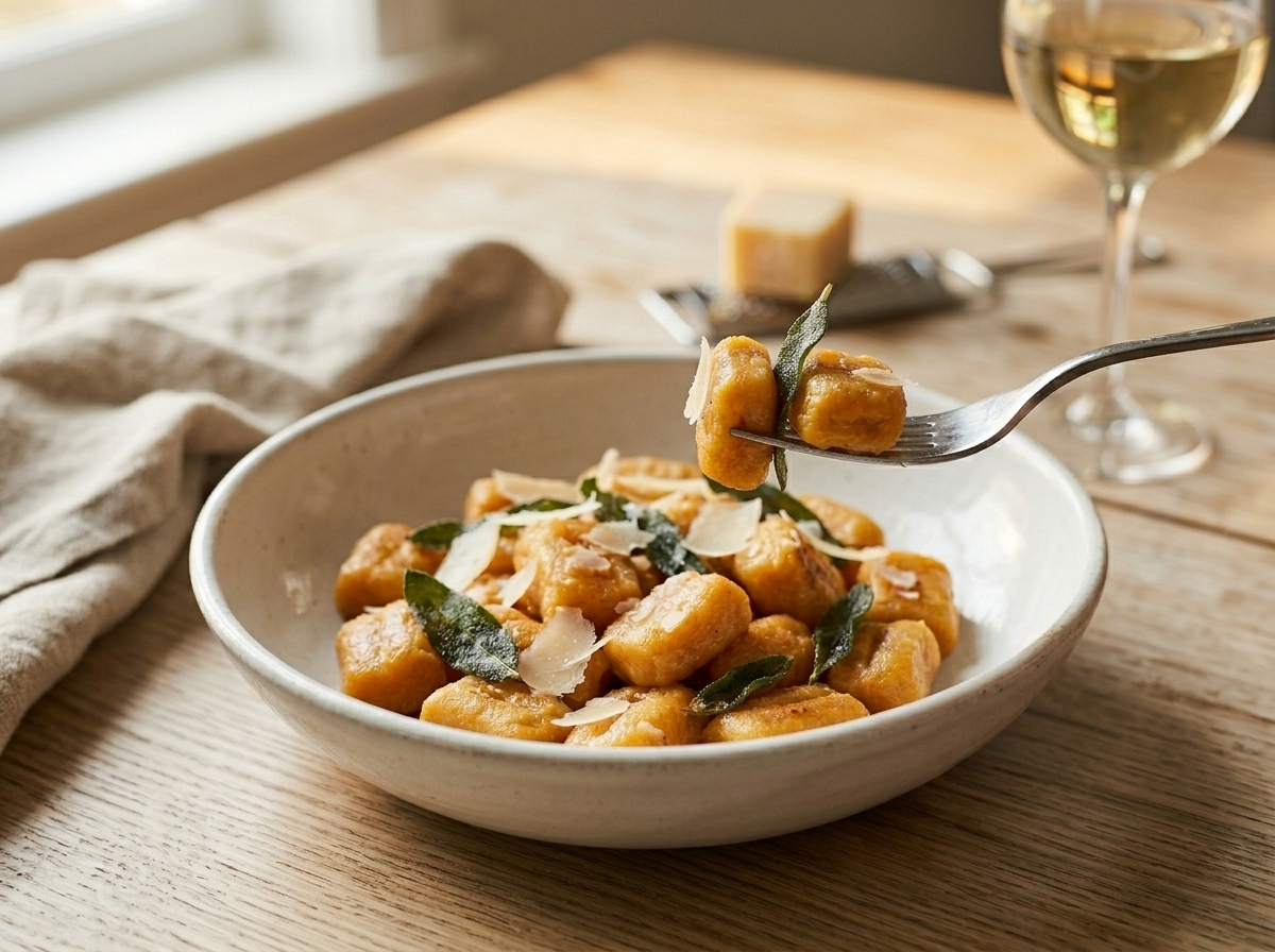 Bowl of sweet potato gnocchi with brown butter sauce served at a table with Parmesan and white wine