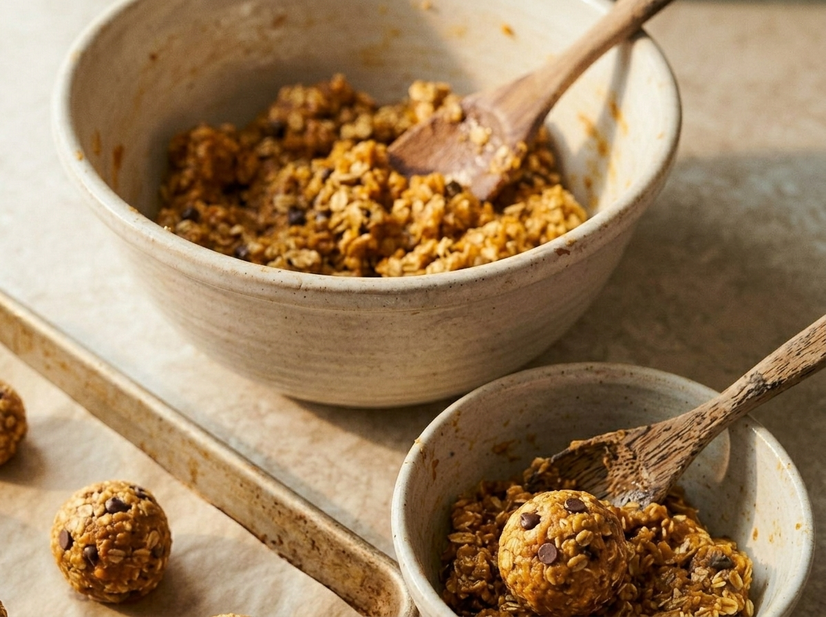 Hands rolling a pumpkin spice oat bite between palms over a parchment-lined sheet pan with finished bites alongside