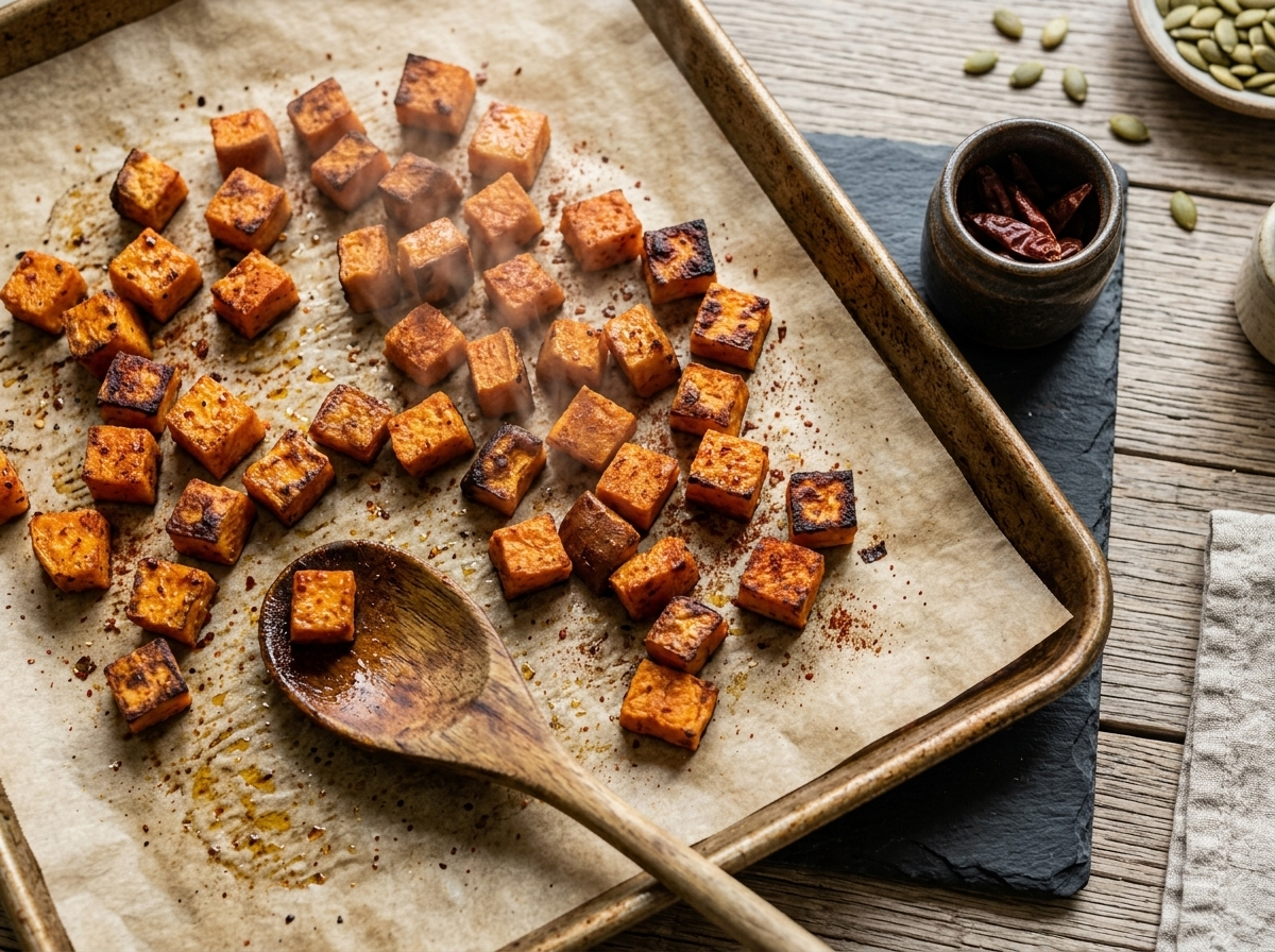 Freshly roasted sweet potato cubes with caramelized edges on a parchment-lined sheet pan after coming out of the oven