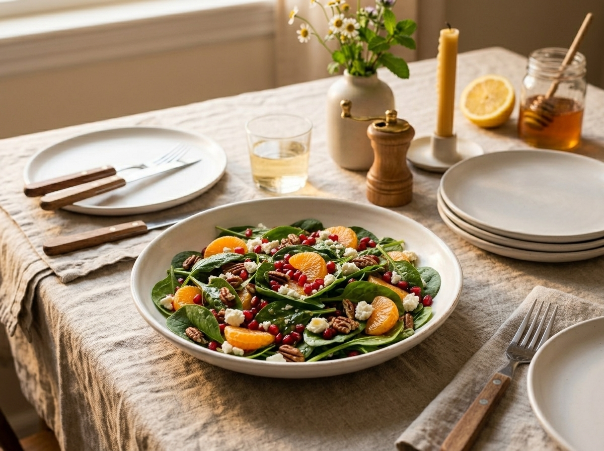 Citrus pomegranate spinach salad on a white platter with a glass of white wine and jar of honey nearby