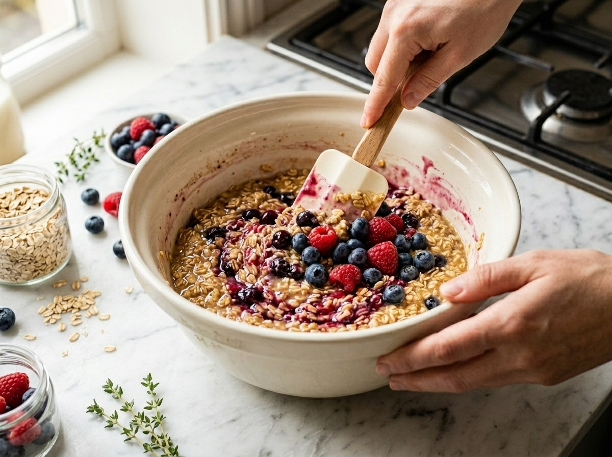 Mixed berries being folded into rolled oat and milk mixture in a large ceramic bowl with a rubber spatula