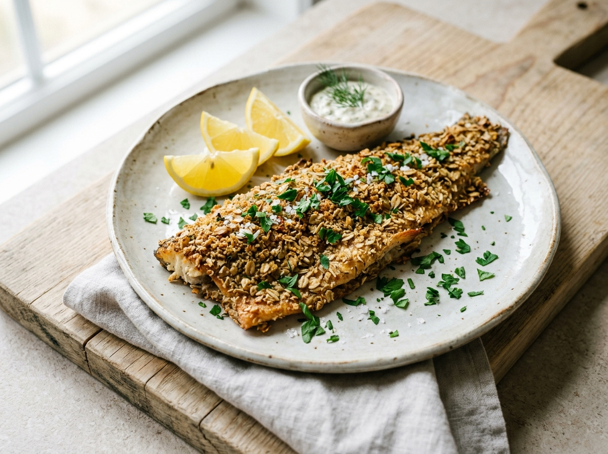 Oat crusted baked trout fillet with golden crunchy coating on a white plate with lemon wedges and parsley