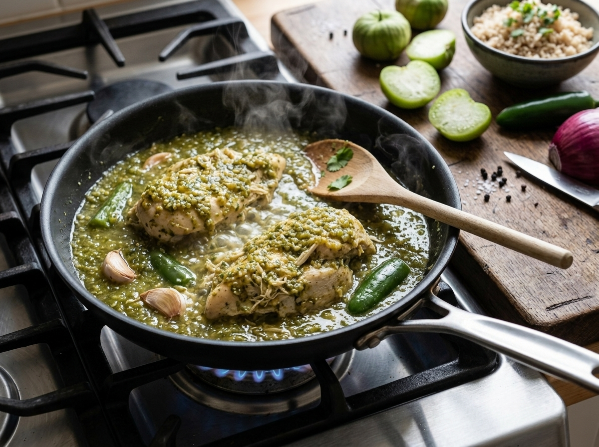 Chicken breasts simmering in tomatillo salsa verde in a nonstick skillet with garlic and jalapeño