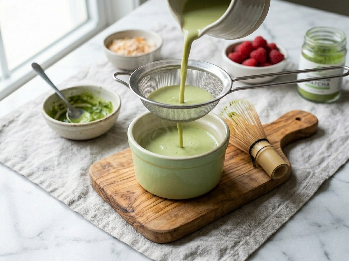 Green matcha coconut panna cotta mixture being strained through a sieve into a ramekin on a wooden board