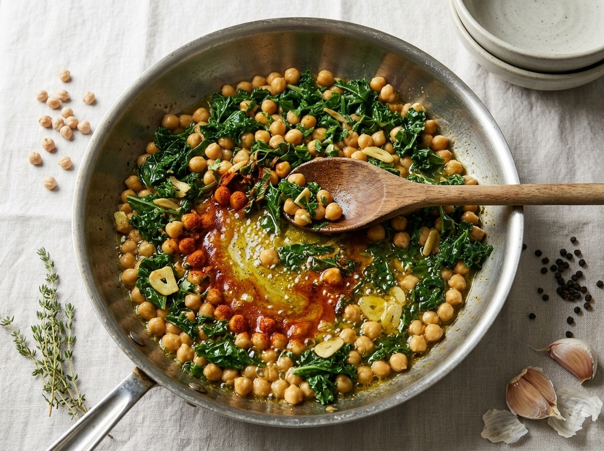 Chickpeas and sliced garlic blooming with smoked paprika in a skillet of shimmering olive oil