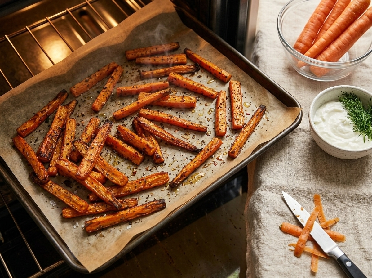Orange carrot sticks coated in smoked paprika and cumin caramelizing on a parchment-lined sheet pan in the oven