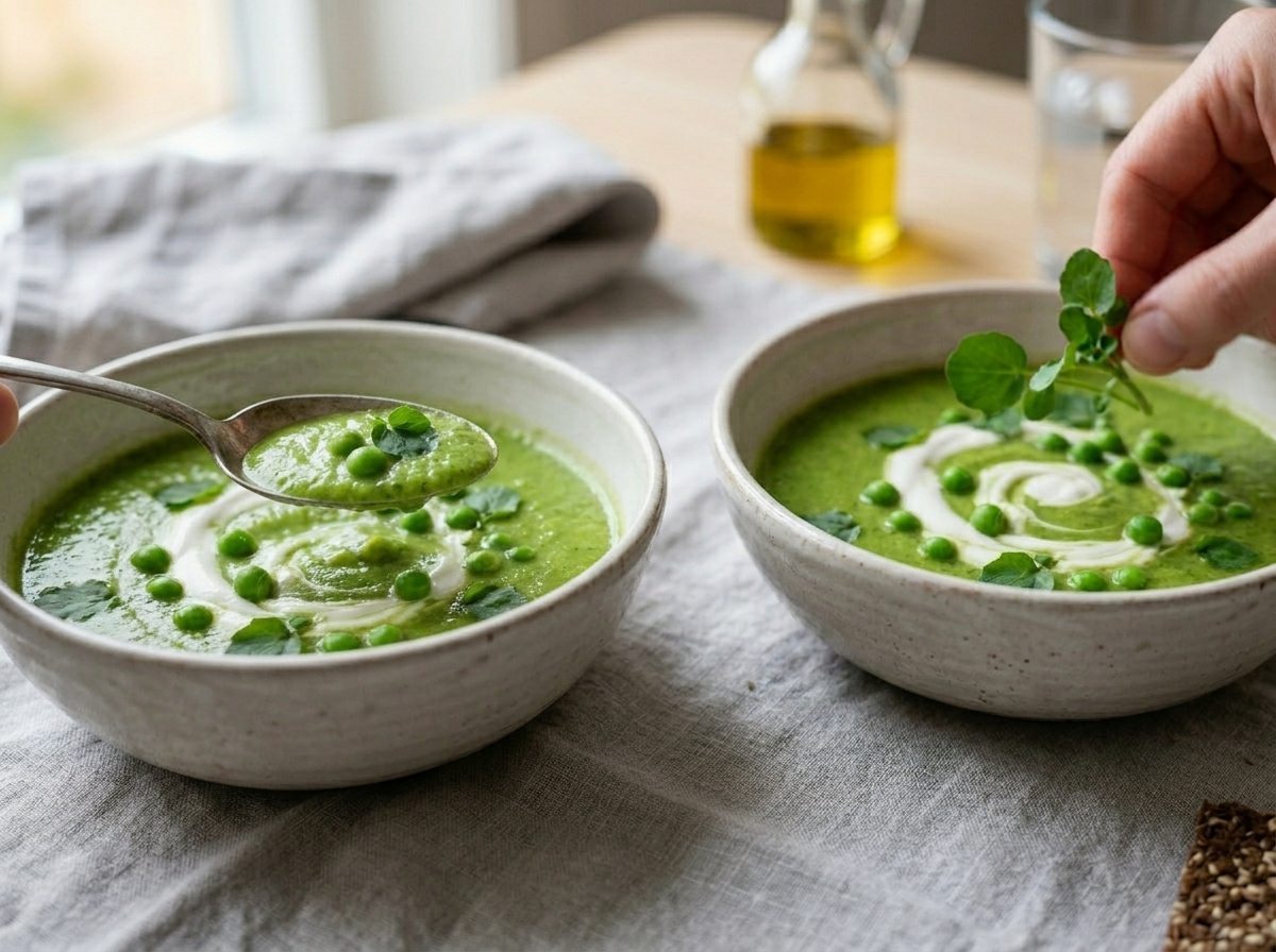Two white bowls of green watercress and pea soup on a wooden table with linen napkin and olive oil bottle