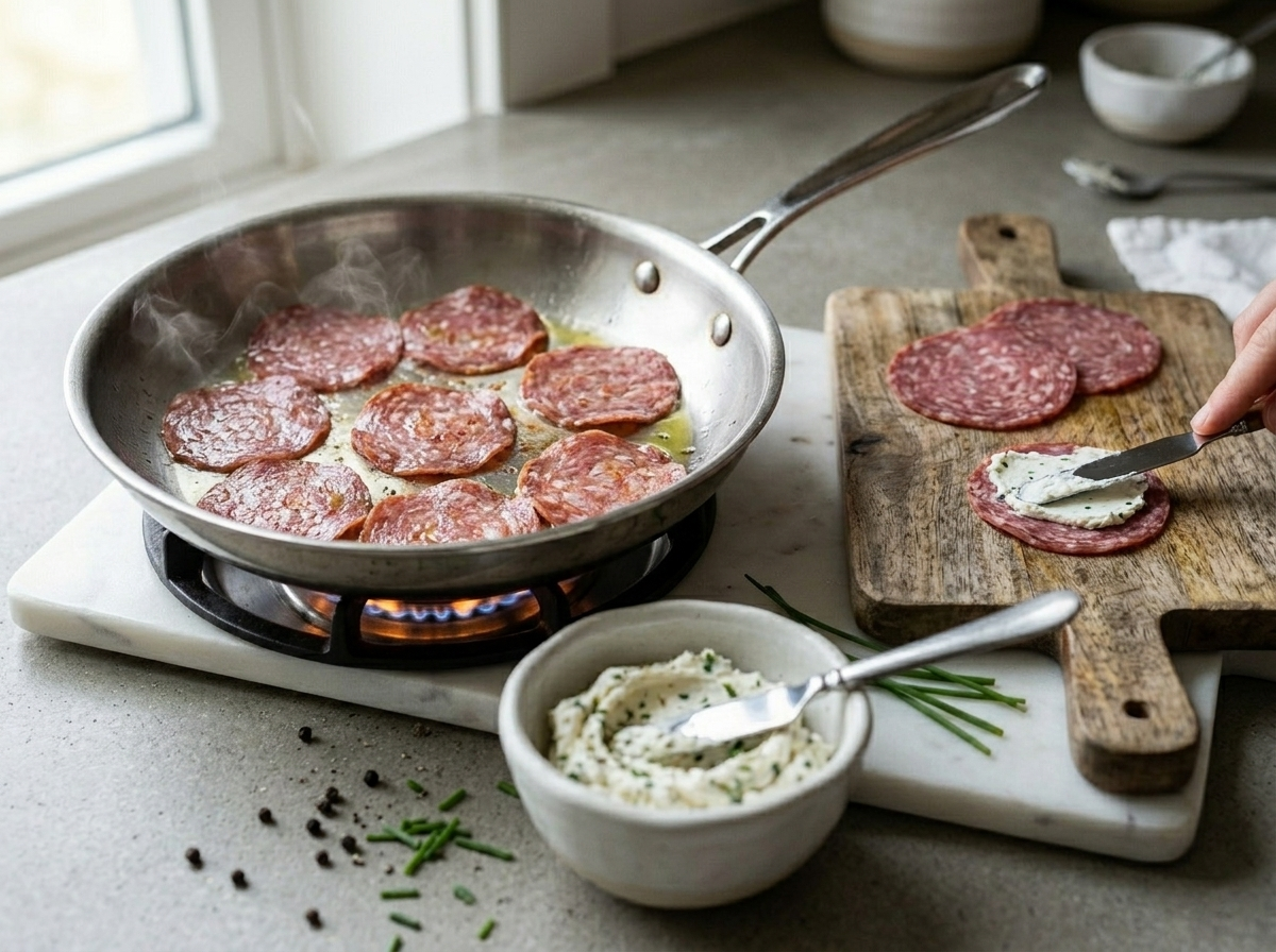 Spreading herbed cream cheese onto a flat salami slice with a small spatula on a wooden cutting board