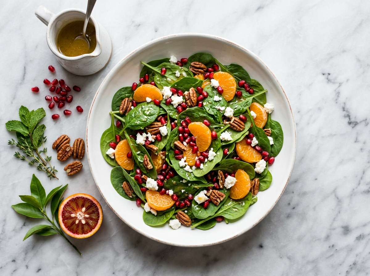 Citrus pomegranate spinach salad in a white bowl with orange segments, red arils, pecans, and goat cheese