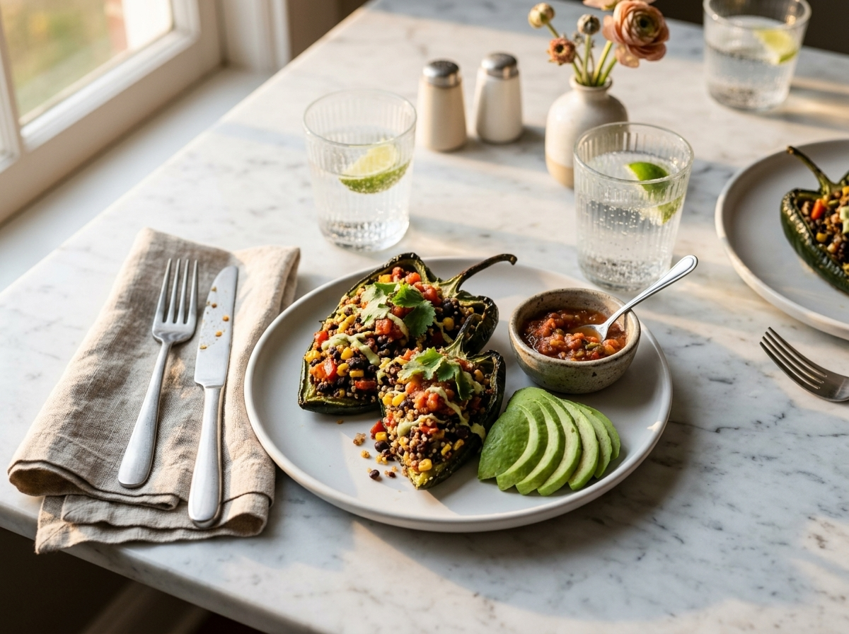 Two vegan stuffed poblano pepper halves plated with sliced avocado and a small bowl of chunky tomato salsa