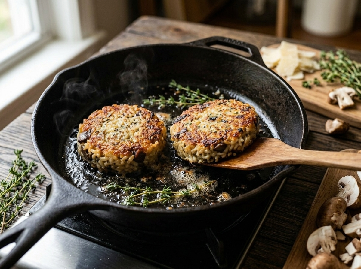 Mushroom risotto cakes frying in a cast-iron skillet with a bubbling golden crust forming around the edges