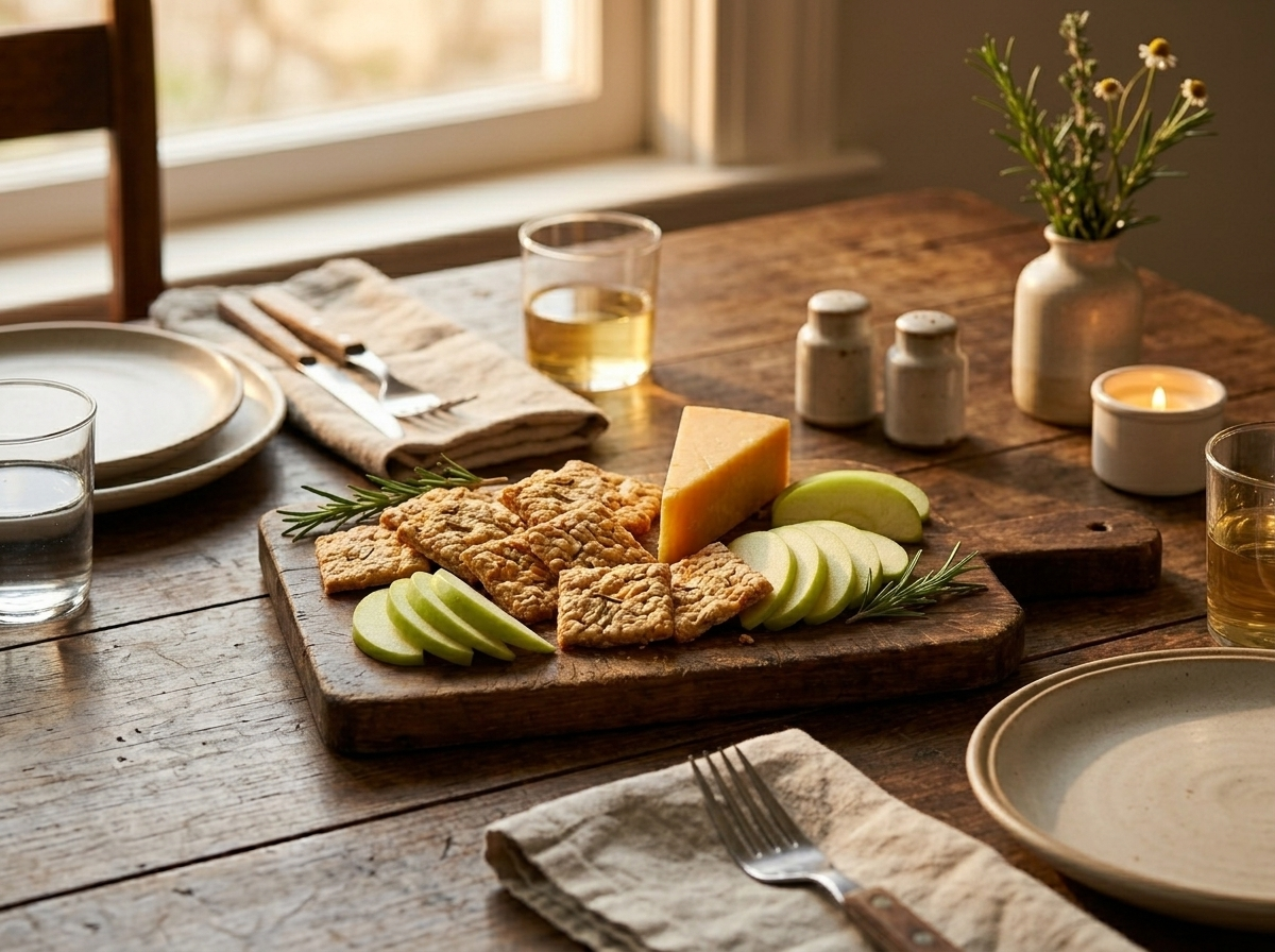 Homemade oat cheddar crackers on a ceramic board with sharp cheddar wedge, sliced apple, and a glass of white wine
