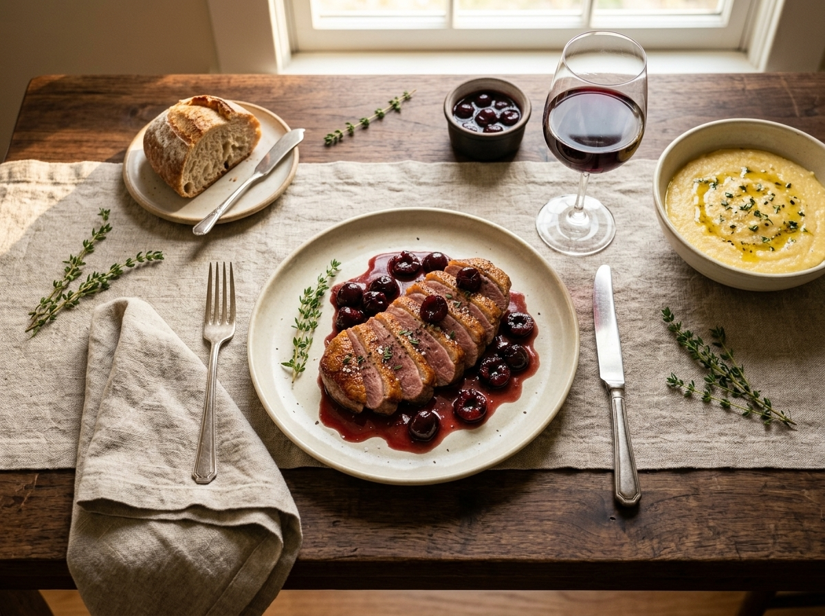 Plated duck breast with cherry sauce beside a glass of red wine and a side of creamy polenta on a linen table