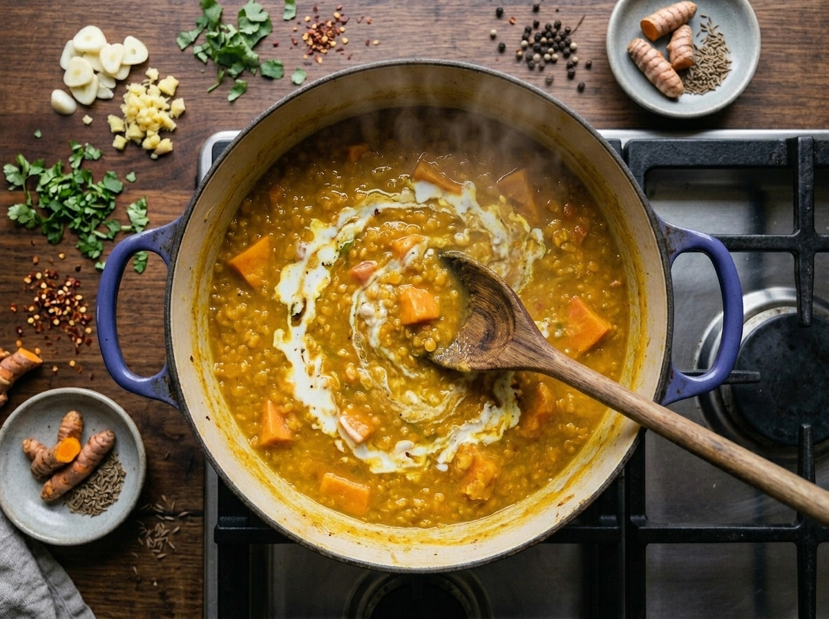 Sweet potato cubes and red lentils simmering in turmeric broth inside a Dutch oven, stirred with a wooden spoon