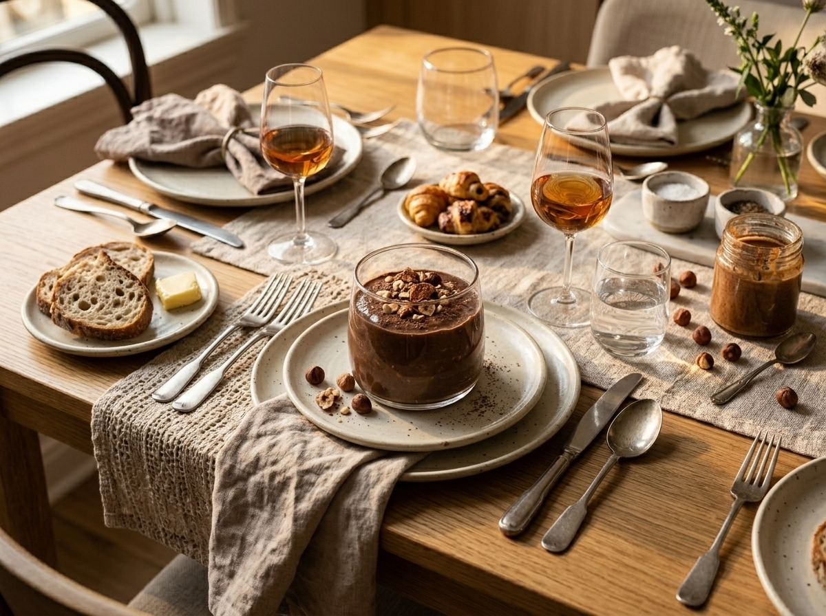 Dark chocolate hazelnut smoothie served in a ribbed glass with hazelnut butter and roasted hazelnuts on a linen napkin