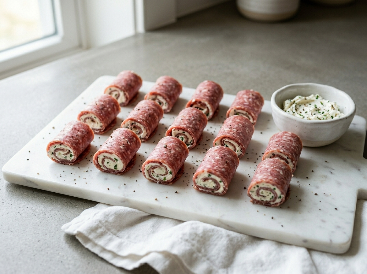 Keto salami cream cheese roll-ups with chives arranged on a white marble board, top-down view
