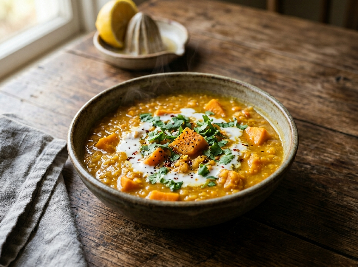 Bowl of sweet potato and red lentil immune stew with fresh cilantro topping and thick golden turmeric broth