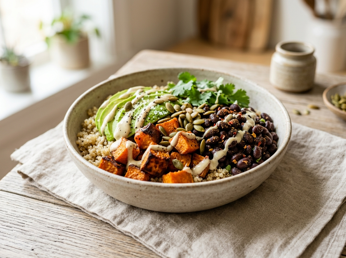 Sweet potato and black bean power bowl with quinoa, avocado, pumpkin seeds, and tahini-lime drizzle in a white ceramic bowl